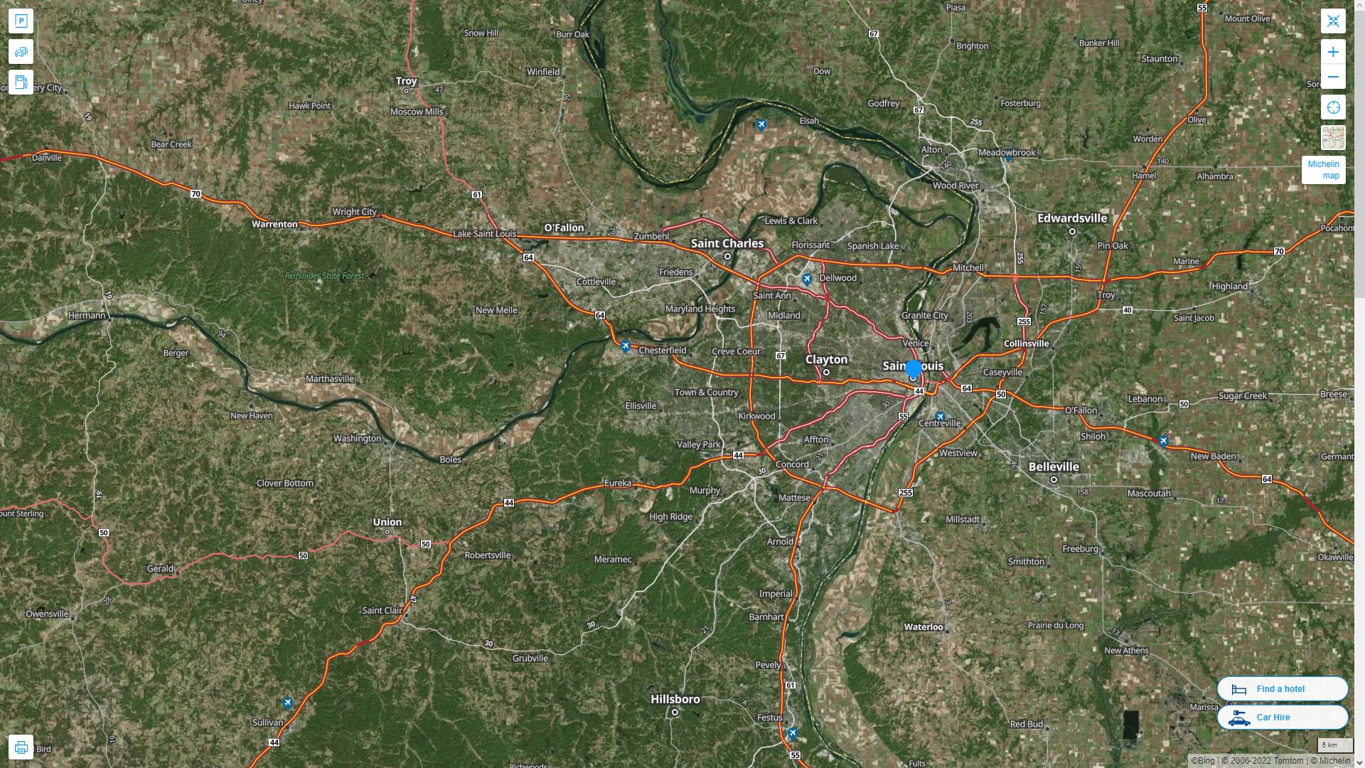 St. Louis Missouri Highway and Road Map with Satellite View